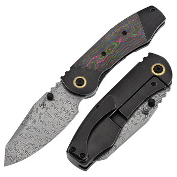 Kansept Caveman Folding Knife Blackwash Titanium/80's CamoCarbon Handle Damascus Plain Edge K1110B3