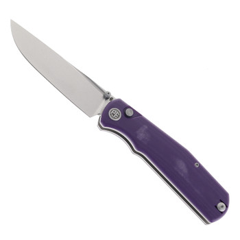 Petrified Fish Lis Folding Knife Button Lock Stonewash 10CR15CMOV Blade Purple G10 Handle PFP14PW