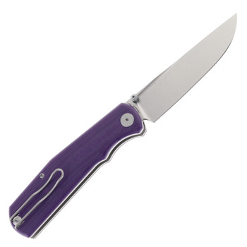 Petrified Fish Lis Folding Knife Button Lock Stonewash 10CR15CMOV Blade Purple G10 Handle PFP14PW