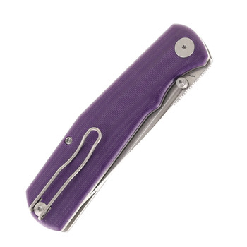 Petrified Fish Lis Folding Knife Button Lock Stonewash 10CR15CMOV Blade Purple G10 Handle PFP14PW