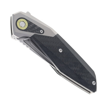 Two Sun Folding Knife Blue Carbon Fiber  Handle 14C28N Plain Edge Stonewash Finish TS592-14c28n-CF