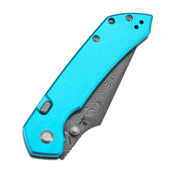 Tenable Fenrir Top Liner Lock Folding Knife Blue Aluminum Handle Damascus Blade B1034H8