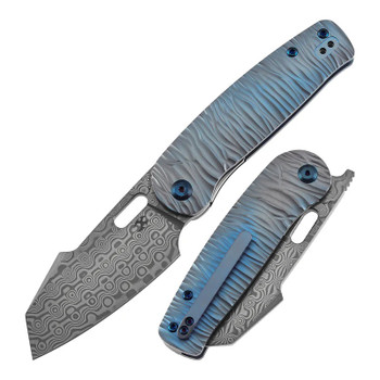 Kansept Orlok Folding Knife Blue Titanium Handle Damascus Plain Edge K2111A5