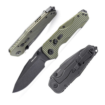 Real Steel Evolution Ironclad Folding Knife Green G10 Handle D2 Drop Point Plain Edge Blackwash Finish 7911BG