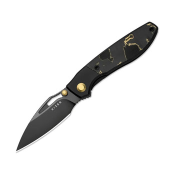 Kizer Shrike Folding Knife FatCarbon Camo Gold Handle S45VN Drop Point Plain Edge Matte DLC Finish Kizer Shrike Folding Knife FatCarbon Camo Gold Handle S45VN Drop Point Plain Edge Matte DLC Finish