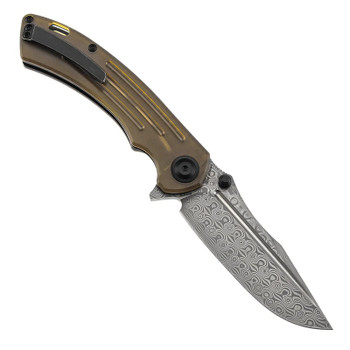 Kansept Pretatout Folding Knife Amber PEI/Ultem Handle Damascus Plain Edge K1032D4