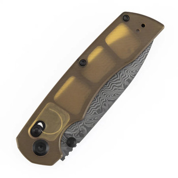 Tenable Kryo Folding Knife Amber PEI/Ultem Handle Damascus Drop Point Plain Edge T1001V10
