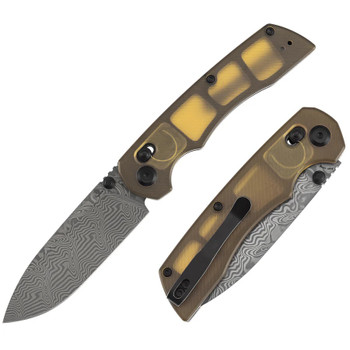 Tenable Kryo Folding Knife Amber PEI/Ultem Handle Damascus Drop Point Plain Edge T1001V10