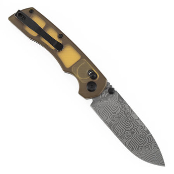 Tenable Kryo Folding Knife Amber PEI/Ultem Handle Damascus Drop Point Plain Edge T1001V10