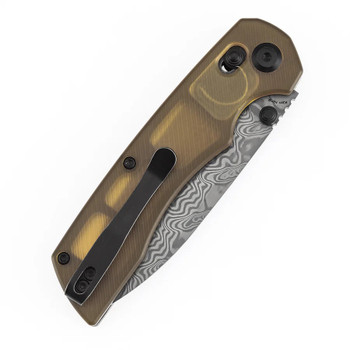 Tenable Kryo Folding Knife Amber PEI/Ultem Handle Damascus Drop Point Plain Edge T1001V10
