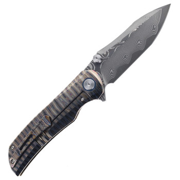 SixLeaf SL-86 Folding Knife Flame Titanium Handle Drop Point Damascus Blade