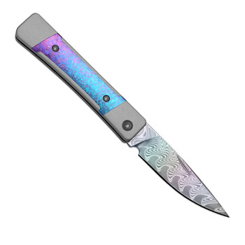Kizer Little Grand Folding Knife Aluminum/Crystallized Titanium Handle Rainbow Damascus Drop Point Plain Edge Ki2670A4