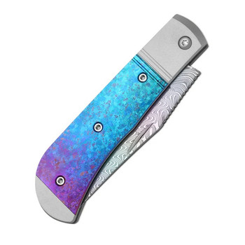 Kizer Trestle Folding Knife Aluminum/Crystallized Titanium Handle Rainbow Damascus Clip Point Plain Edge Ki3761A4