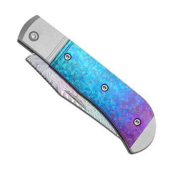 Kizer Trestle Folding Knife Aluminum/Crystallized Titanium Handle Rainbow Damascus Clip Point Plain Edge Ki3761A4
