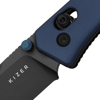Kizer Aegis Folding Knife Blue Aluminum Handle AEB-L Drop Point Plain Edge Black Matte DLC Finish V3774A3