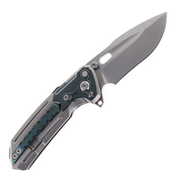 Reate T600 Terminator Folding Knife Titanium Beadblasted handle Frosted Satin Magnacut Blade Zirconium Green Pivot Collar & Clip
