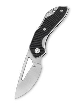 Black g10 folding knife displayed closed on a clean background
