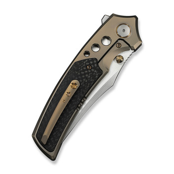 WE Skynix Folding Knife Champagne Titanium/Twill Carbon Fiber Handle M390 Plain Edge Hand Rubbed Satin Finish WE24087-3