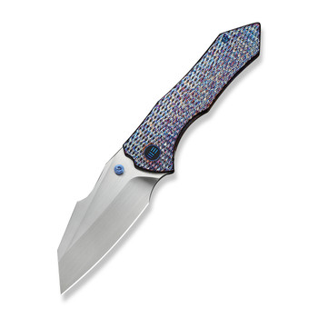 WE High-Fin XL Folding Knife Diamond Patterned Flamed Titanium Handle 20CV Plain Edge Hand Rubbed Satin Finish WE24010-5