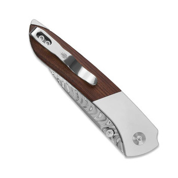 (Off Centered) Open Box/Returned Kizer Spitfire Folding Knife Aluminum/Mkuruti Wood Handle Damascus Drop Point Plain Edge V3690A3