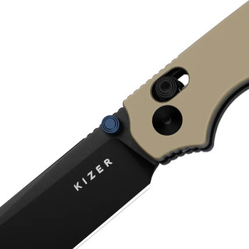 Kizer Pokiman CS Folding Knife Tan Aluminum Handle AEB-L Sheepsfoot Plain Black PVD Finish V3789A6