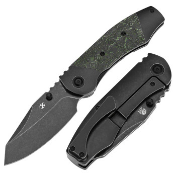 (Chip in Blade) Open Box/Returned Kansept Caveman Folding Knife Blackwash Titanium/Jungle Wear CamoCarbon Handle 20CV Plain Edge Blackwash Finish K1110B2