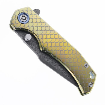SixLeaf Folding Knife Gold Titanium Handle Damascus/VG10 Plain Edge SL-90