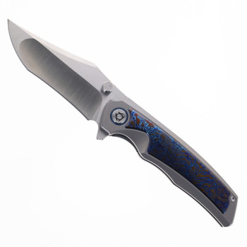 SixLeaf Folding Knife Titanium/Blue TiDamascus Handle 10Cr15Mov Plain Edge SL-91