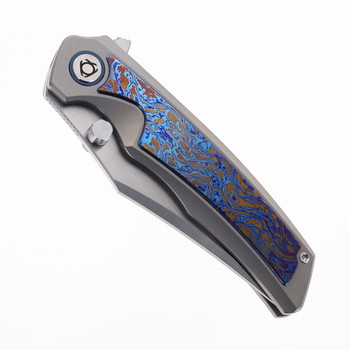 SixLeaf Folding Knife Titanium/Blue TiDamascus Handle 10Cr15Mov Plain Edge SL-91