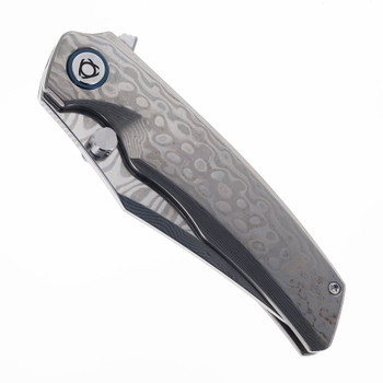 SixLeaf Folding Knife Titanium/Blue TiDamascus Handle 10Cr15Mov Plain Edge SL-91