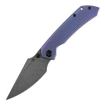Kansept Fenrir Folding Knife Purple Titanium Handle Damascus Wharncliffe Plain Edge K1034C5