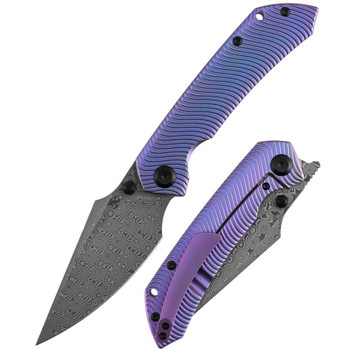 Kansept Fenrir Folding Knife Purple Titanium Handle Damascus Wharncliffe Plain Edge K1034C5
