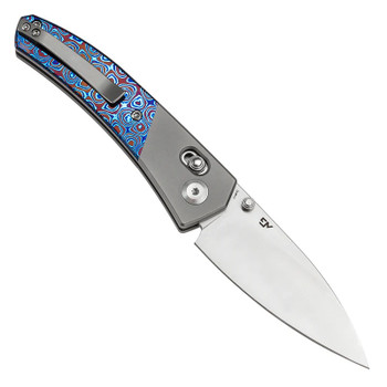 Kansept Dako Folding Knife Stonewash Titanium/Timascus Handle S35VN Drop Point Plain Edge K1101V5