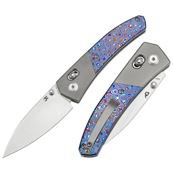Kansept Dako Folding Knife Stonewash Titanium/Timascus Handle S35VN Drop Point Plain Edge K1101V5