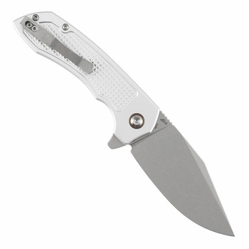 Tenable Entity Folding Knife Silver Aluminum Handle 14C28N Drop Point Plain Edge Stonewash Finish B1036F3