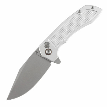 Tenable Entity Folding Knife Silver Aluminum Handle 14C28N Drop Point Plain Edge Stonewash Finish B1036F3