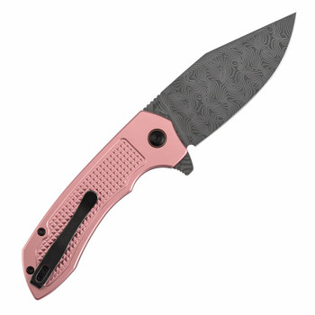 Tenable Entity Folding Knife Rose Gold Aluminum Handle Damascus Drop Point Plain Edge B1036F4