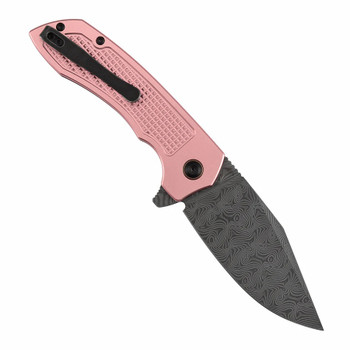 Tenable Entity Folding Knife Rose Gold Aluminum Handle Damascus Drop Point Plain Edge B1036F4