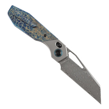 Kansept QTRO Folding Knife Stonewash Titanium/Lightning Strike Handle Damascus Plain Edge K1118VA2