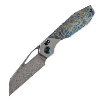 Kansept QTRO Folding Knife Stonewash Titanium/Lightning Strike Handle Damascus Plain Edge K1118VA2