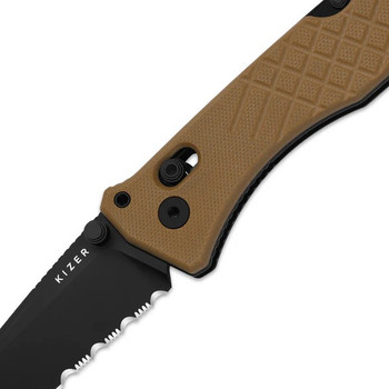 Kizer Aegis T Folding Knife Brown G10 Handle AEB-L Tanto Partially Serrated Edge Black PVD Finish V3774CTA3