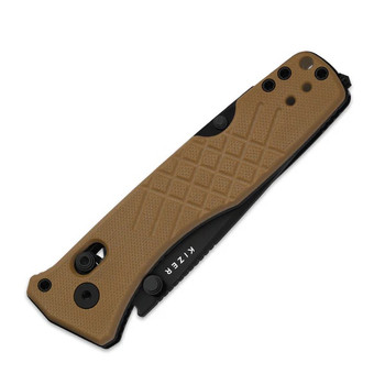 Kizer Aegis T Folding Knife Brown G10 Handle AEB-L Tanto Partially Serrated Edge Black PVD Finish V3774CTA3