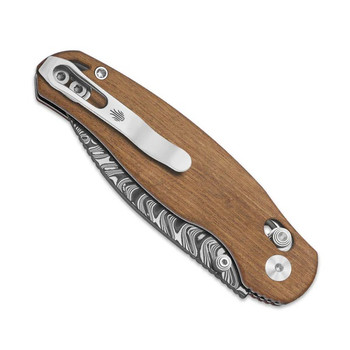 Kizer Phoca CD Folding Knife Mkuruti Wood Handle Damascus Drop Point Plain Edge Acid Wash Finish V3781CDA3