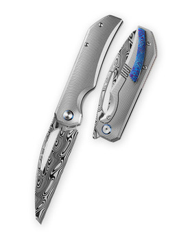 Bestech Taipan Folding Knife Beadblast Titanium Handle Damasteel Plain Edge Acid-Etched Finish BT2503G