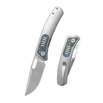 KB Knives Common Thread Folding Knife Sand Blasting Titanium/Camo Carbon Handle M390 Drop Point Plain Edge Silver Beadblast Finish KB377C