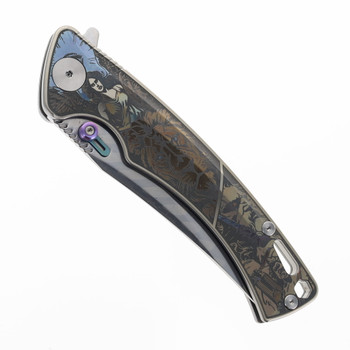CH Otoman Folding Knife Silver Titanium Handle 7layers Damascus with Elmax Blade Plain Edge Mirror/Ceramic Beadblast Finish 3528-ElmaxCore