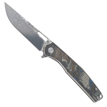 CH Blast Folding Knife Silver Titanium Handle Damascus Plain Edge Satin Finish 3538-ElmaxCor