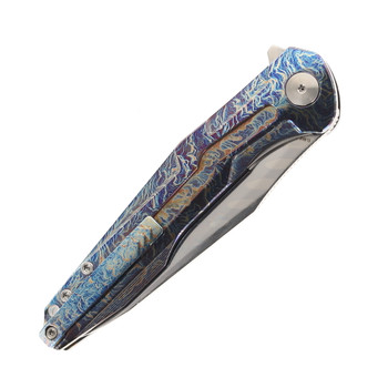 CH Wartex Folding Knife Flaming Titanium/Carbon Fiber Handle 7layers Damascus/Elmax Core Plain Edge Mirror/Ceramic Beadblast Finish Wartex-BL