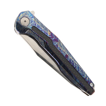 CH Wartex Folding Knife Flaming Titanium/Carbon Fiber Handle 7layers Damascus/Elmax Core Plain Edge Mirror/Ceramic Beadblast Finish Wartex-BL