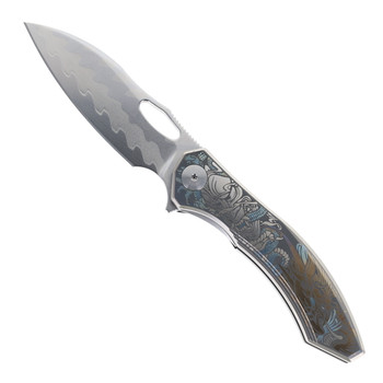 CH Cupra Folding Knife Silver Titanium Handle 7layers Damascus/Elmax Core Plain Edge Mirror/Ceramic Beadblast Finish Cupra-SL